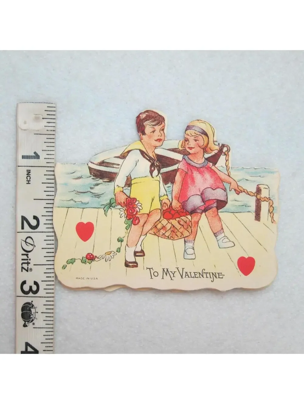 Vintage Valentine Card Cutout Stand Up Boy Sailor Suit Girl at Boat with Basket